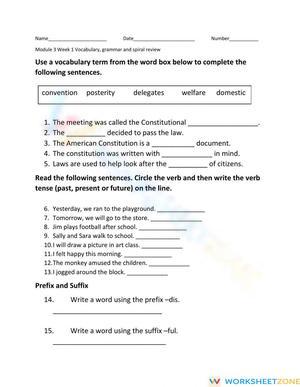 Printable Grade 5 Verb Tenses and Vocabulary Quiz