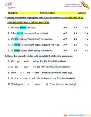 Printable Verb Tenses and Types Quiz | Grade 6 ELA