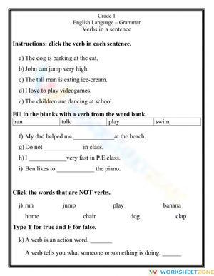 Printable Grade 1 Verbs in a Sentence Practice Worksheet