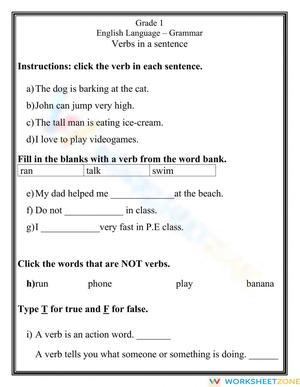 Essential Grade 1 Verbs Worksheet | Action Words Practice
