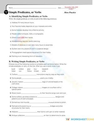 Simple Predicates & Verbs Worksheet | Grade 5-7 Printable
