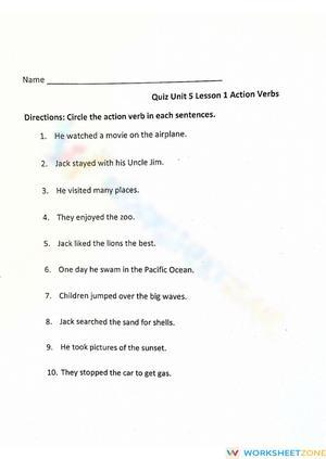 L.3.1.A Quiz: Action Verbs Worksheet — Grade 3 Aligned