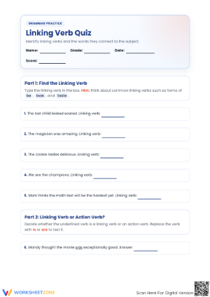Linking Verbs Quiz Worksheet | Essential Grade 5-6 Aligned