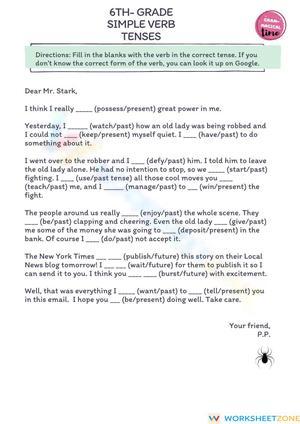 Printable Grade 6 Simple Verb Tenses Worksheet | Aligned