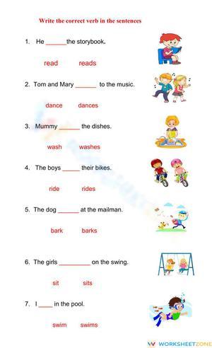 Grade 1-3 Singular Verbs — Printable No-Prep Worksheet