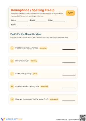 Printable Grade 2 Homophones & Spelling Practice Worksheet