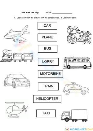 Essential Grade 1 City Transport Vocabulary Worksheet