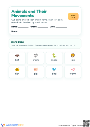 Printable Animal Movements Classify Worksheet | Grade K-1