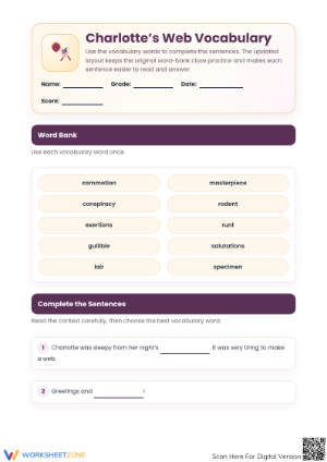 Charlotte's Web Vocabulary Worksheet | Printable Grade 4