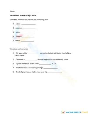 Dear Primo Vocabulary Worksheet | Grade 3 Printable