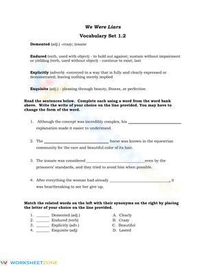 Essential We Were Liars Vocabulary Worksheet | Grade 9-12
