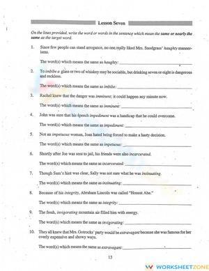 Grade 9 Vocabulary in Context — Printable No-Prep Worksheet