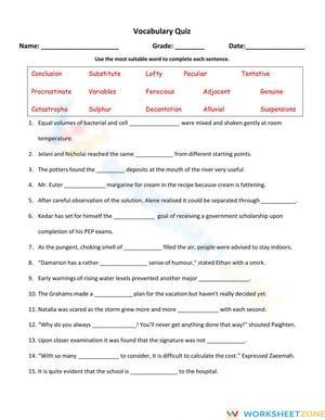 Printable Vocabulary Quiz: Grade 6 Essential Word List