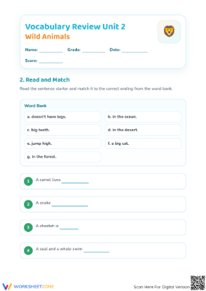 Wild Animals Vocabulary Review | Grade 3 Printable
