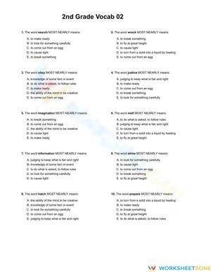 Grade 2 Vocabulary — Printable No-Prep Worksheet