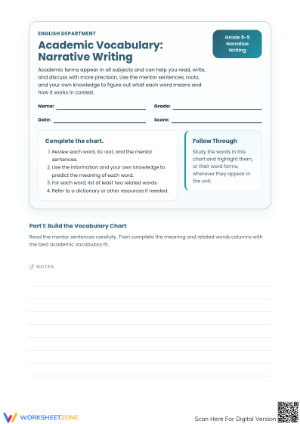 Essential Grade 9 Academic Vocabulary Narrative Writing Worksheet