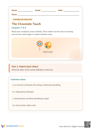 Essential Vocabulary for The Chocolate Touch Chapters 7-8 Printable