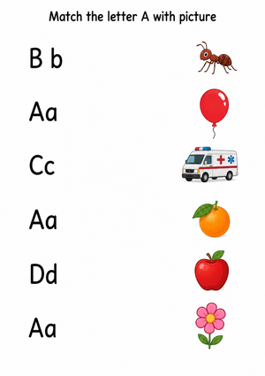 Essential Letter A Matching Worksheet | Printable Grade 1
