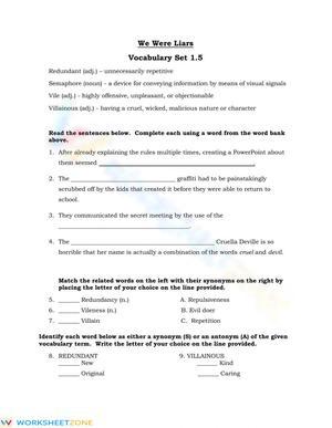 Printable We Were Liars Vocabulary Worksheet | Grades 9-12