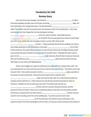 Essential Vocabulary Review Story Worksheet | Grades 8-12