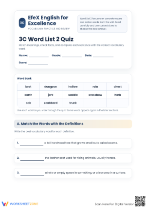 Printable Grade 3 Vocabulary Quiz | Essential Word List 3C