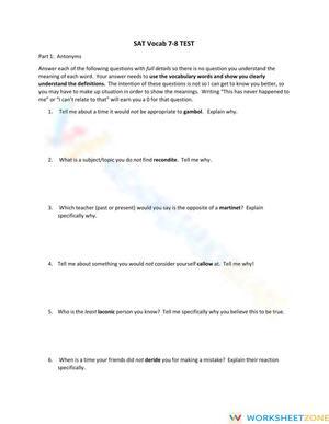 SAT Vocab 7-8 Test | Essential Grade 8-12 Printable