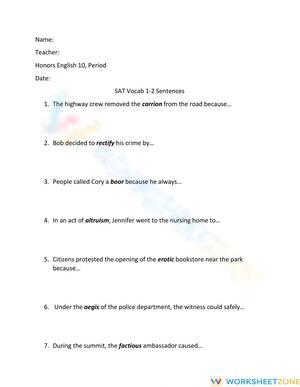 Essential SAT Vocabulary Lessons 1-2 Worksheet | Grade 10