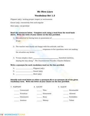 Essential We Were Liars Vocabulary Worksheet | Grades 9-12