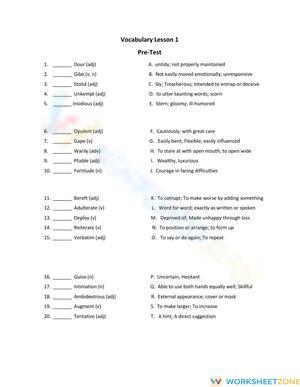Essential Vocab Lesson 1 Pretest | Grade 10 ELA Printable