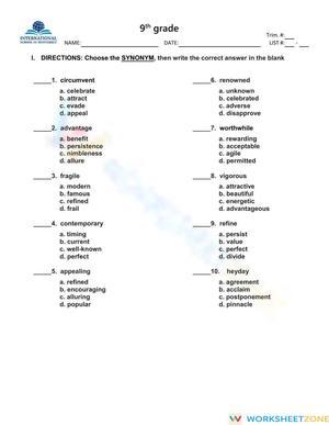 Essential Vocabulary in Context Worksheet | Grade 9 ELA