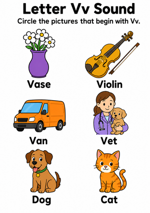 Grade K Letter Vv Sound — Printable No-Prep Worksheet