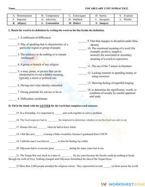 Essential Vocabulary Practice Worksheet | Grade 9 ELA