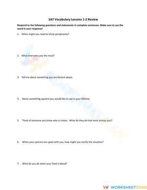 Essential SAT Vocab 1-2 Review Worksheet | Grades 9-12
