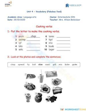 Essential Cooking Verbs Worksheet | Grade 10 ELA