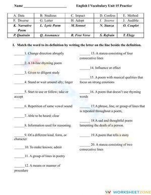 Grade 9 Poetry & Vocab — Printable No-Prep Worksheet