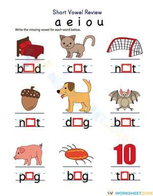Grade K-1 Missing Vowel — Printable No-Prep Worksheet
