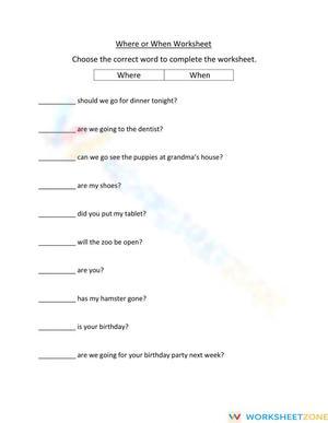 Essential Where or When Worksheet | Kindergarten ELA