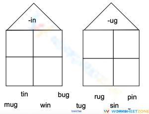 Essential -in and -ug Word Families Worksheet | Grade 1