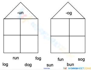 Printable -un and -og Word Families Sorting Worksheet