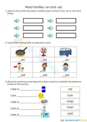 Essential Word Families -an and -ad Worksheet | Kindergarten