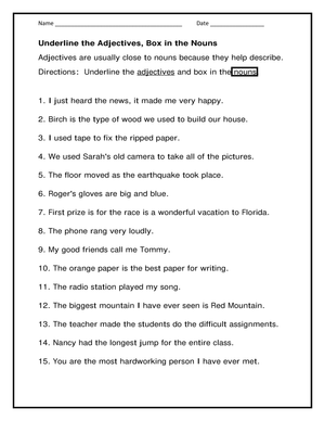 Grade 3-5 Adjectives & Nouns — Printable No-Prep Worksheet