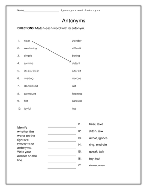 Essential Antonyms Matching Worksheet | Grade 4-5 ELA