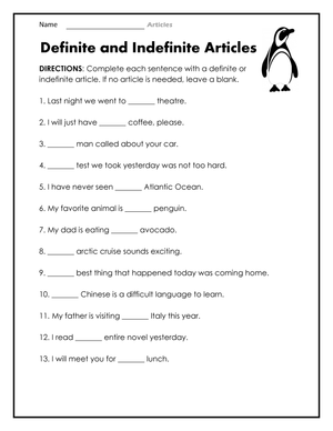 Grade 3 Articles — Printable No-Prep Worksheet