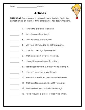Essential Articles Grammar Worksheet | Grades 1-4