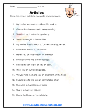 Printable Grade 1 Articles Worksheet: A vs. An