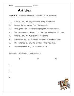 Essential Articles Worksheet | Grade 3 Printable