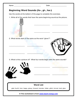 Essential Beginning Word Sounds (fo-, gl-, ha-) Worksheet