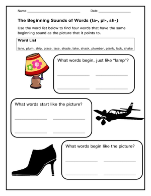Printable Beginning Sounds (la-, pl-, sh-) Worksheet