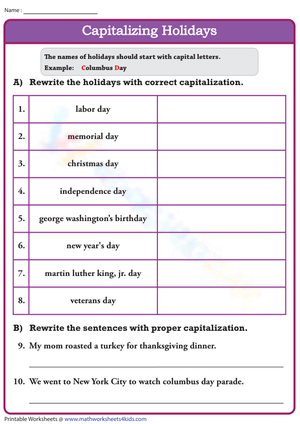 Capitalizing Holidays Worksheet