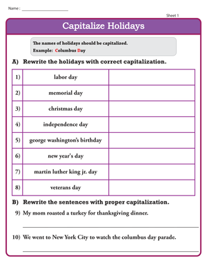 Capitalizing Holidays Worksheet